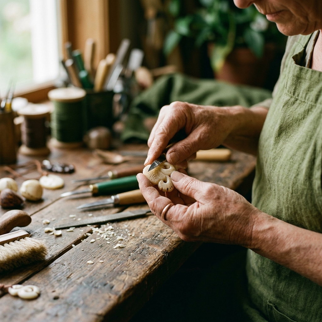 Artesano tallando joyería en tagua